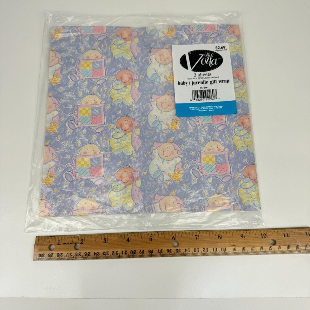 Vtg‎ Baby Gift Wrap Paper Sheets Newborn Baby Shower Blue Purple Voila Made USA